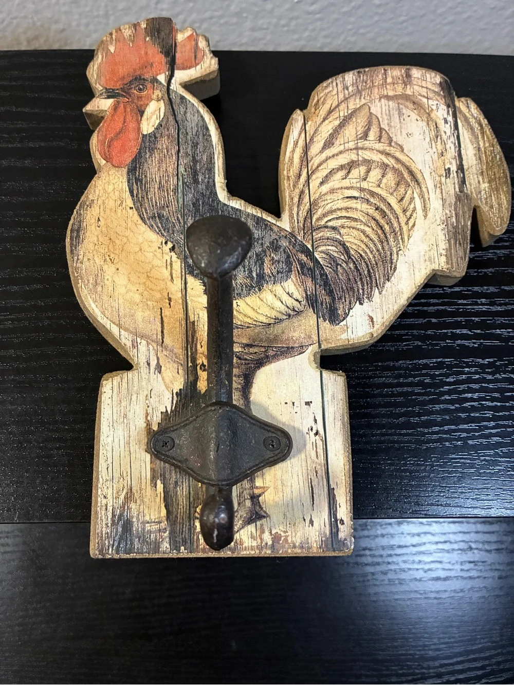 Vintage Rooster Folk Art Wall Hook Weathered Farm House Style